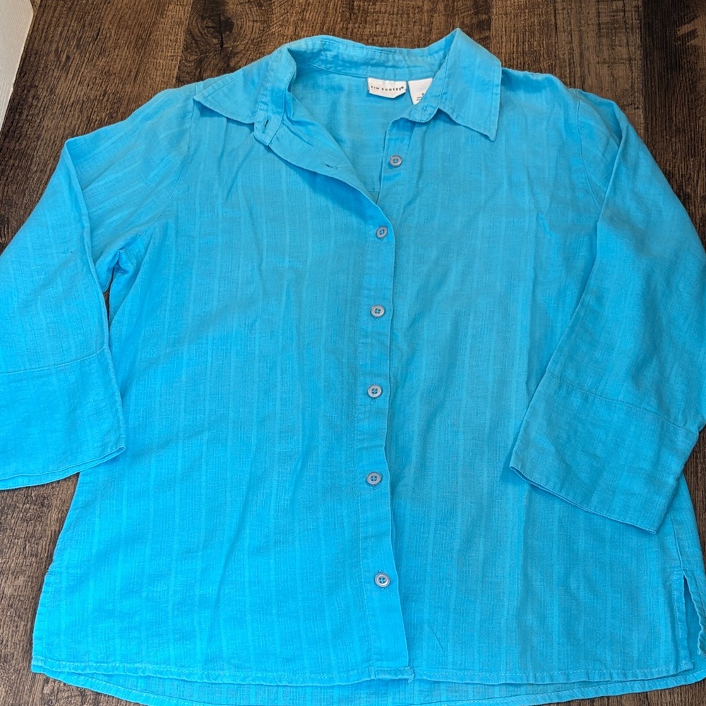 Kim Rogers Aqua Linen-Cotton Shirt Button-down Blouse
